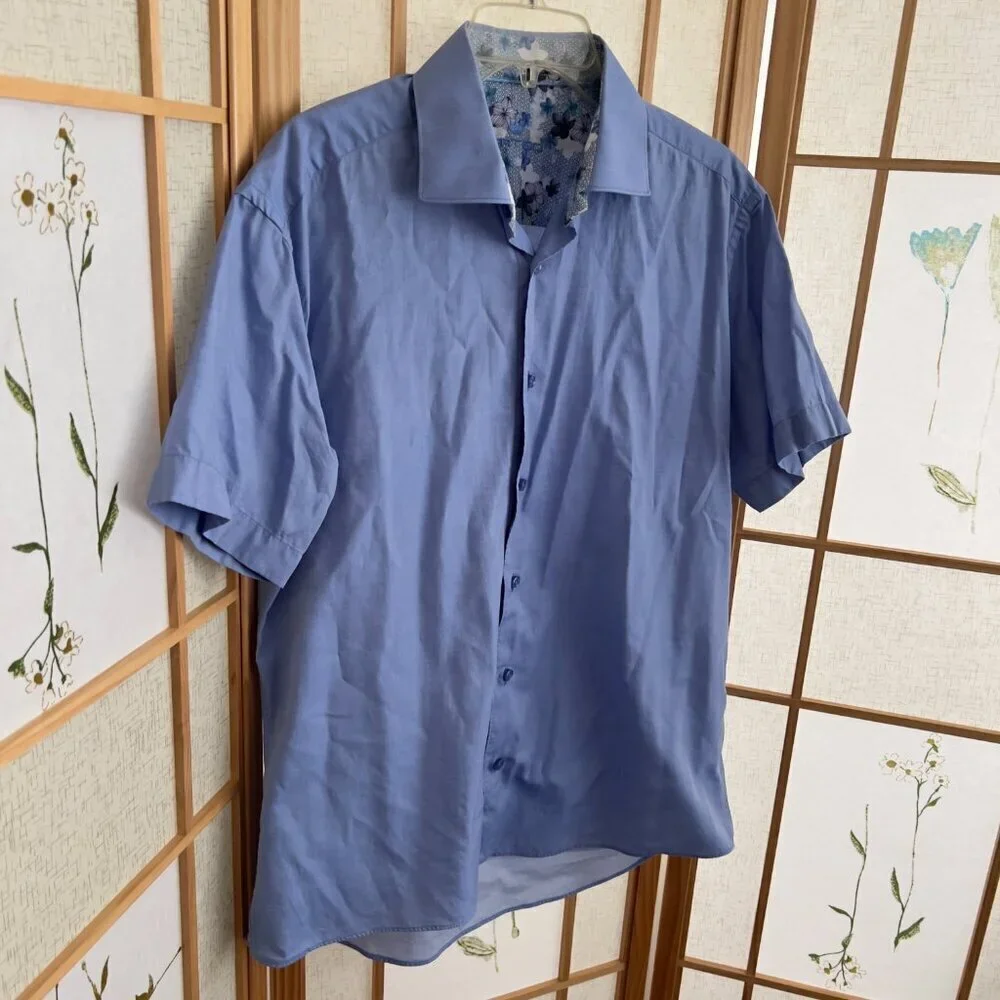 Bertigo Light Blue 100% Cotton Short Sleeve button shirt Men sz L